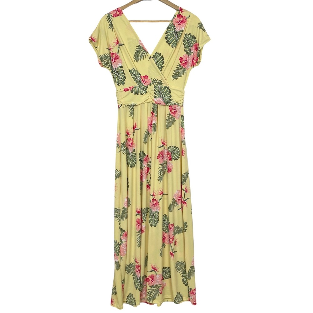 IMAN Yellow Tropical Hibiscus Floral Maxi Dress Size M Boho V Neck Resortwear